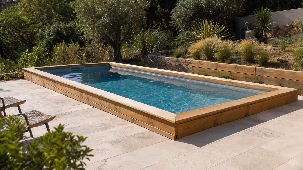 Piscine rectangulaire en bois semi-enterrée dans un jardin, bordée d’une terrasse et de plantations