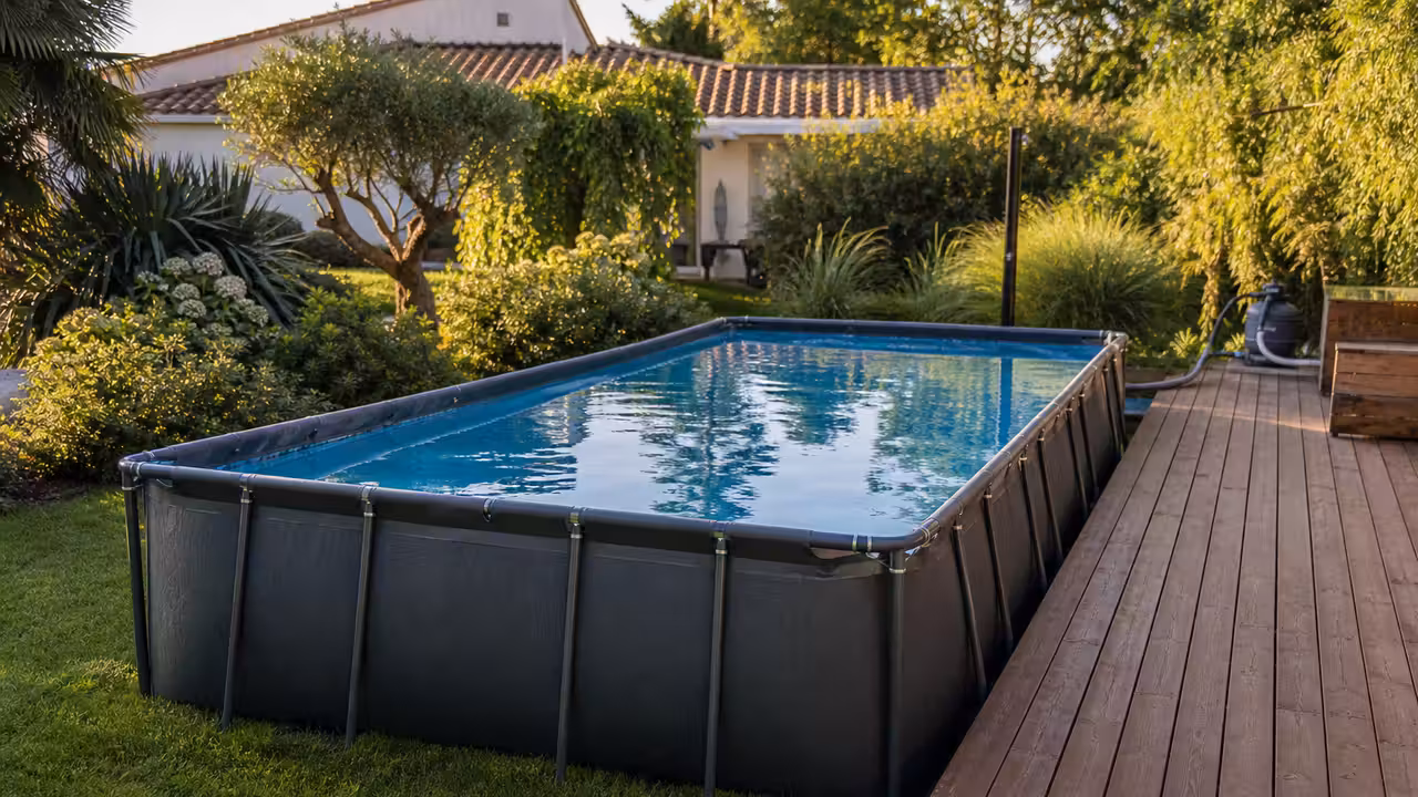 Piscine hors-sol rectangulaire à structure tubulaire installée sur un jardin nivelé avec terrasse en bois