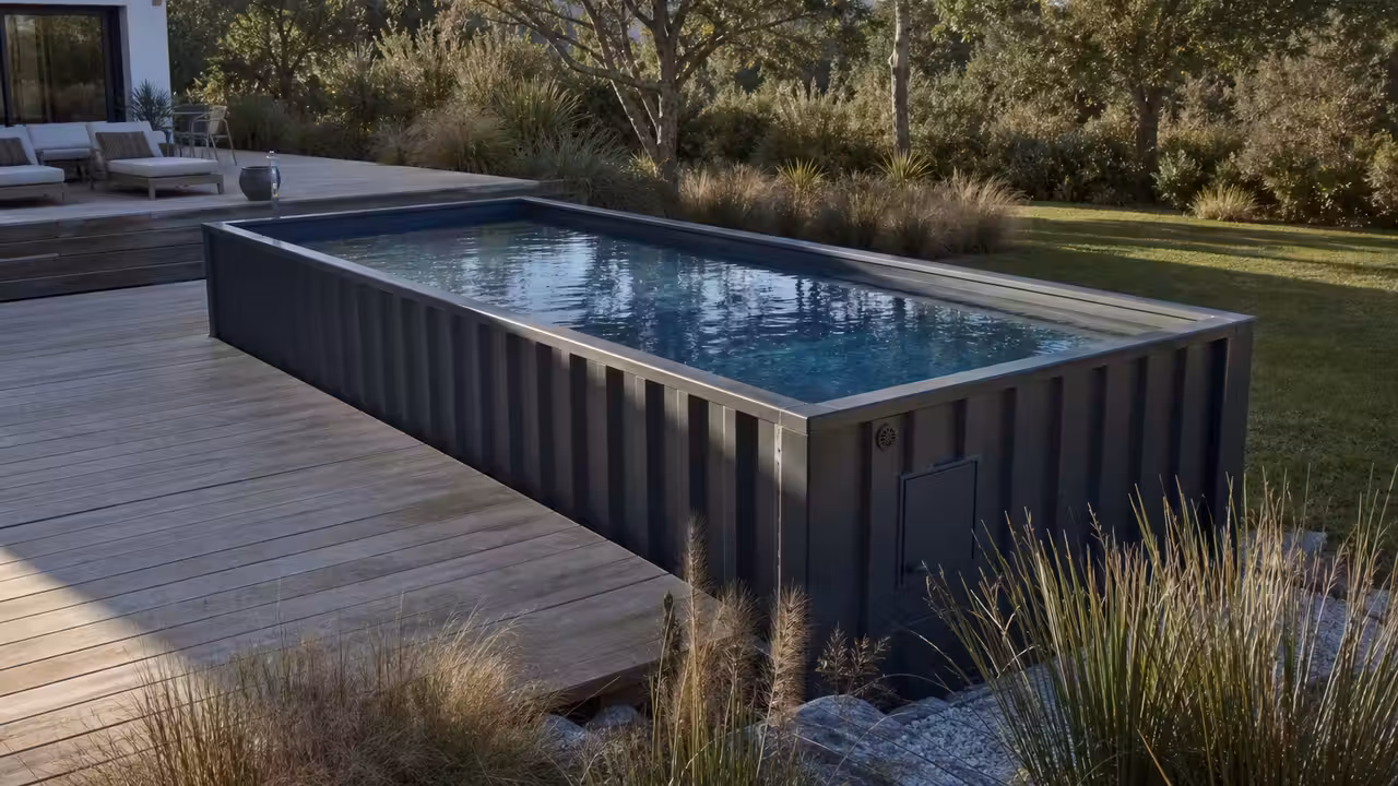 Piscine container compacte posée sur dalle avec terrasse en bois dans un jardin contemporain et végétalisé