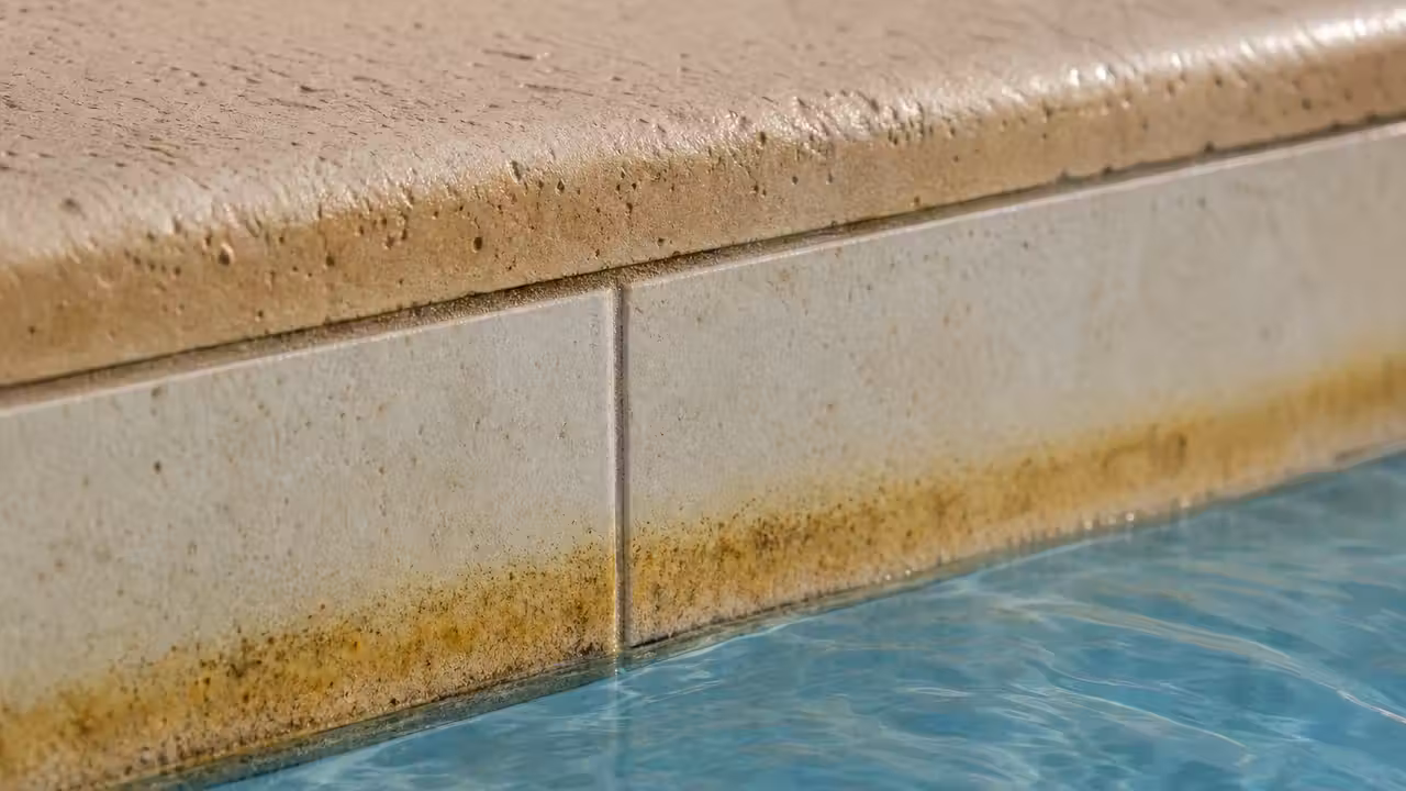 Liseré jaunâtre incrusté sur le carrelage à la ligne d'eau d'une piscine, juste sous la margelle