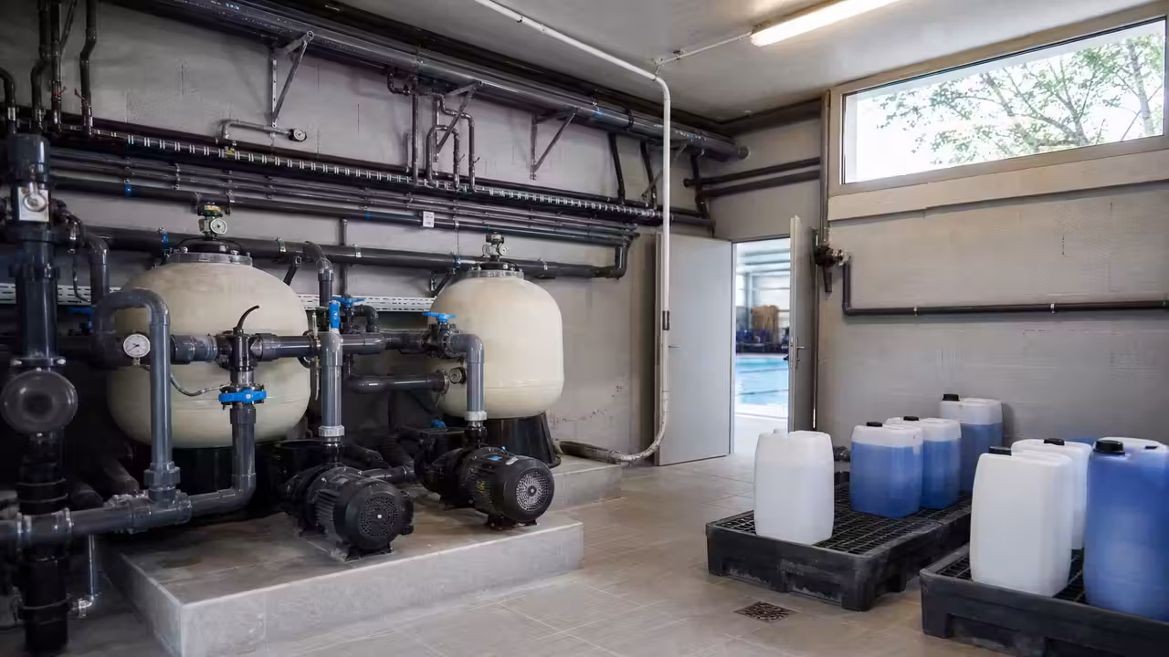 Local technique de piscine publique avec pompes de filtration et bidons de traitement chimique sécurisés