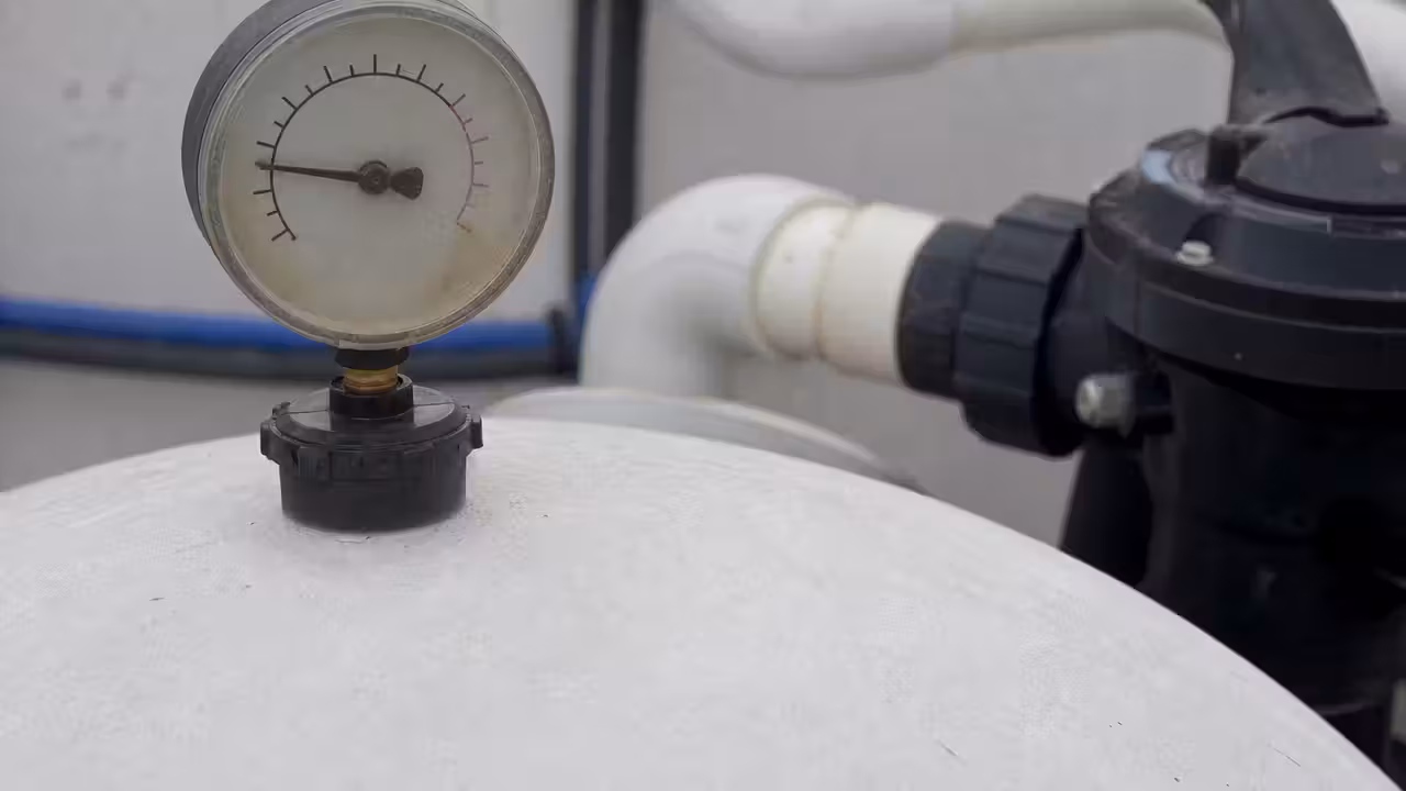 Gros plan sur le manomètre d'un filtre à sable de piscine, aiguille dans la zone basse du cadran