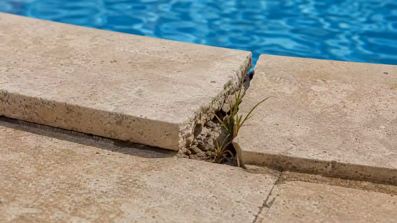 Margelle en pierre de piscine avec un joint fissuré et une pierre légèrement descellée au bord du bassin