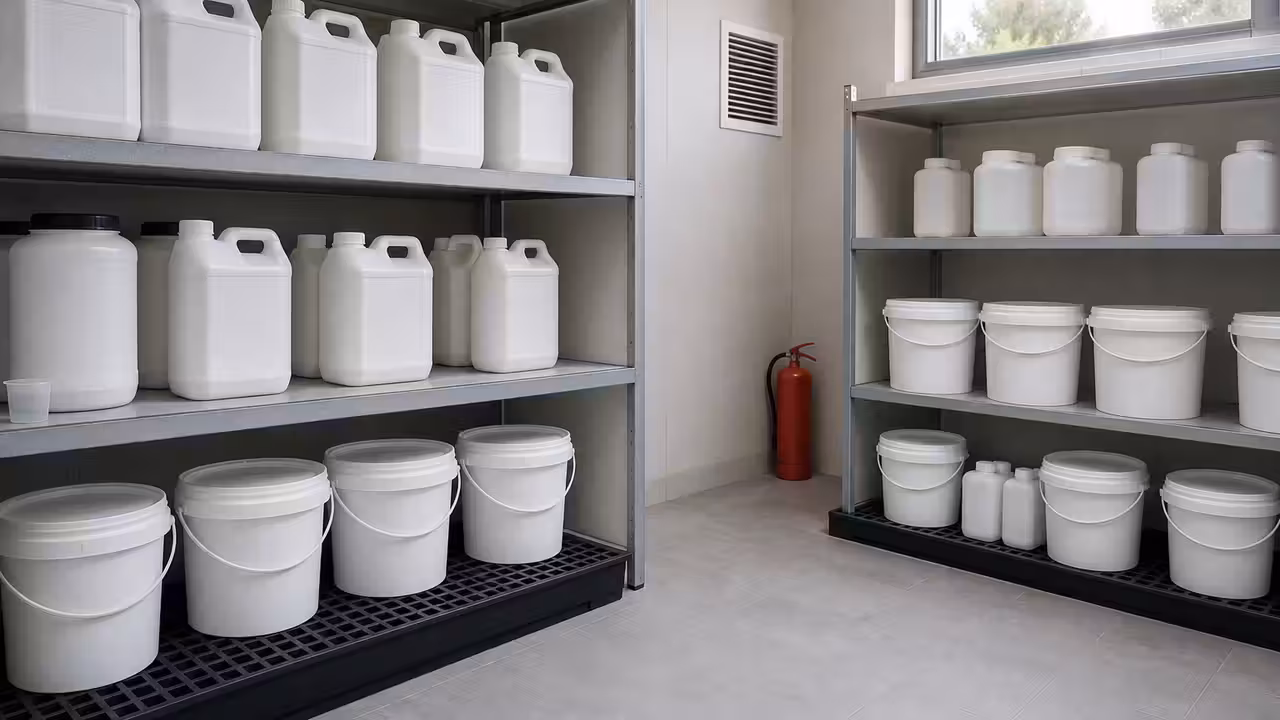 Bidons et seaux de produits de traitement de piscine rangés séparément dans un local ventilé et sécurisé