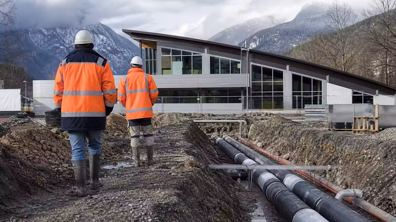 Travaux de raccordement de canalisations de chaleur devant une piscine municipale, avec le bâtiment en arrière-plan.
