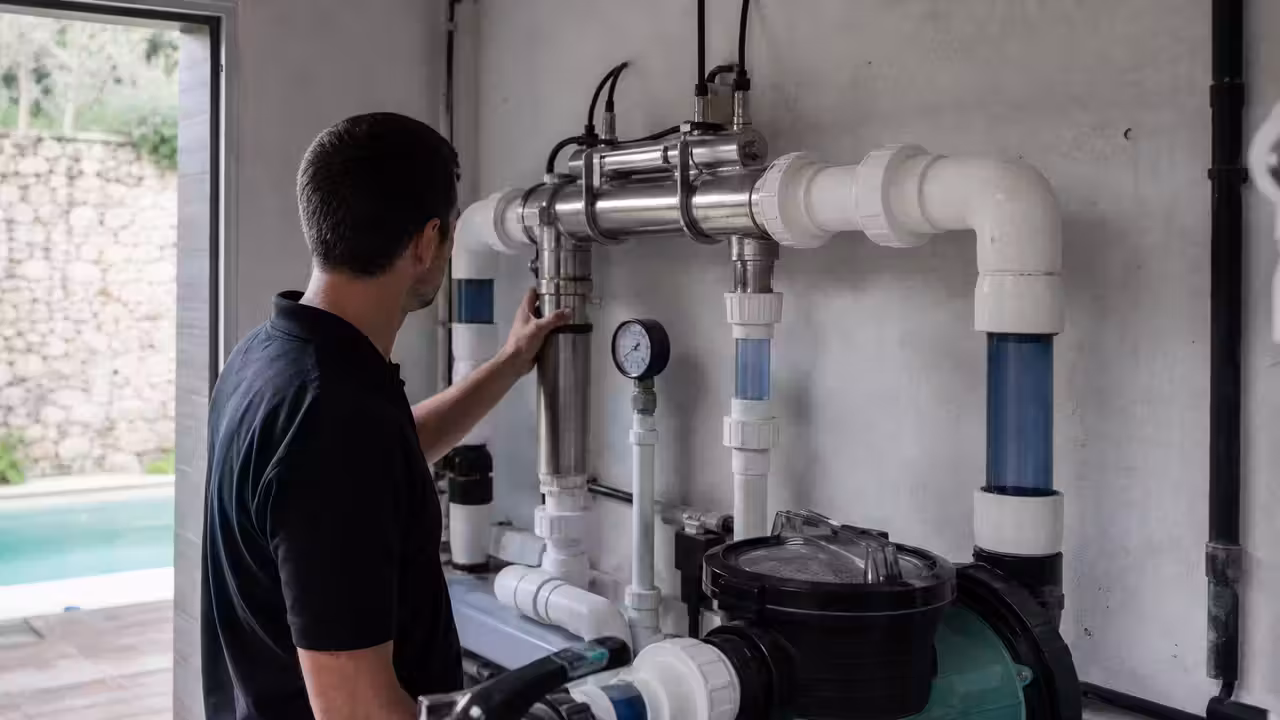 Technicien contrôlant un réacteur UV et le circuit de filtration dans un local technique de piscine