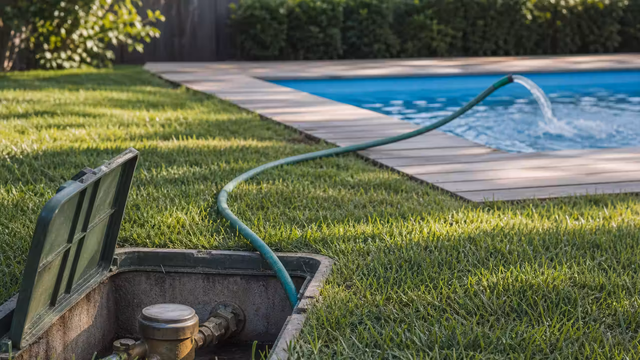 Regard de compteur d'eau ouvert dans une pelouse, tuyau d'arrosage remplissant une piscine en arrière-plan