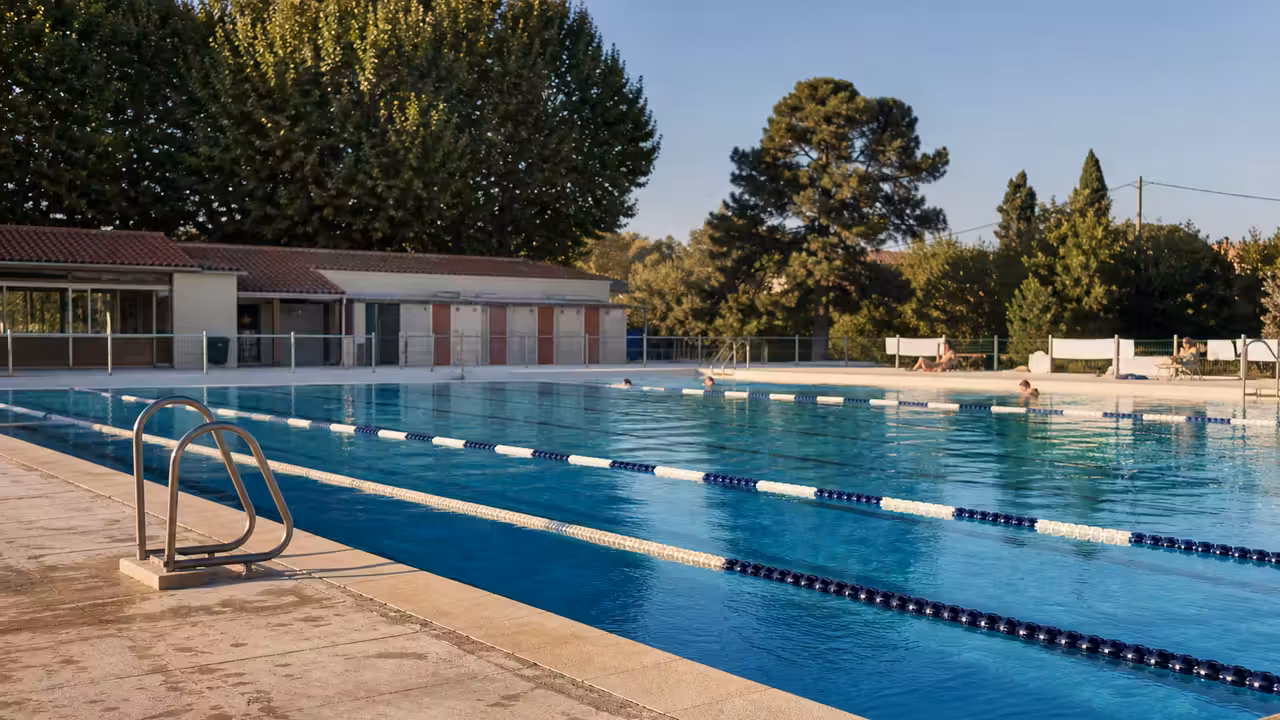 Bassin extérieur d’une piscine municipale avec lignes de nage, plage claire et arbres en arrière-plan