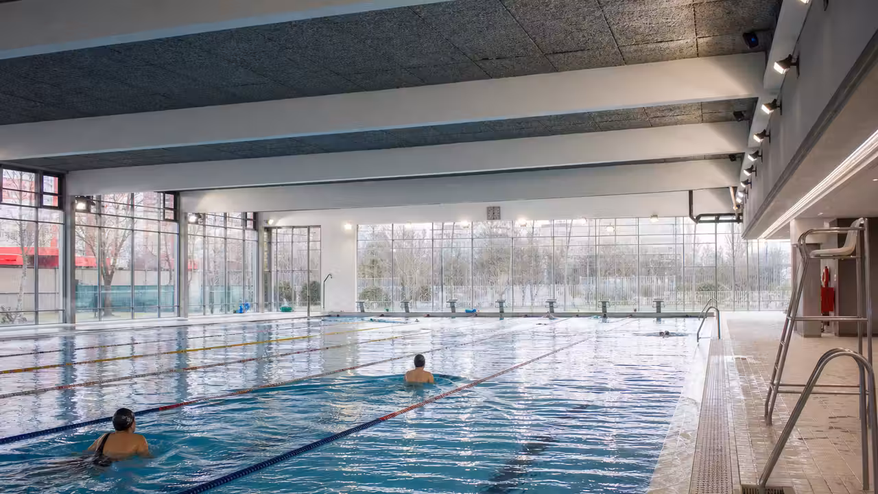 Bassin couvert de 50 mètres avec lignes d’eau et grandes baies vitrées dans un centre aquatique public