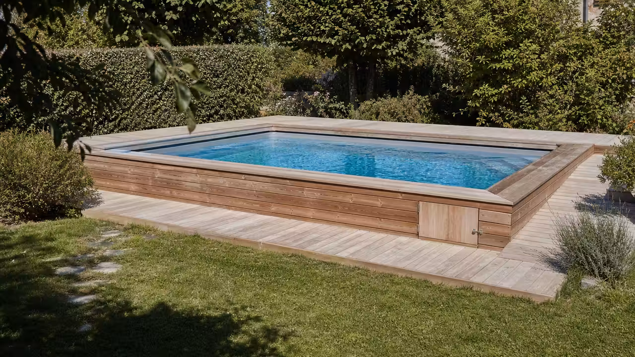 Piscine rectangulaire en bois semi-enterrée, entourée d’une terrasse et d’un jardin arboré