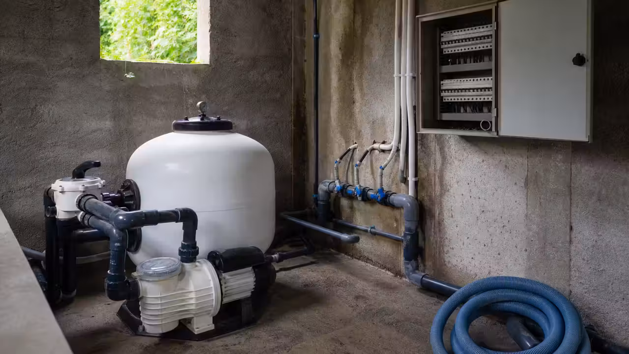 Coffret électrique ouvert dans un local technique de piscine, à côté de la pompe de filtration et du filtre à sable