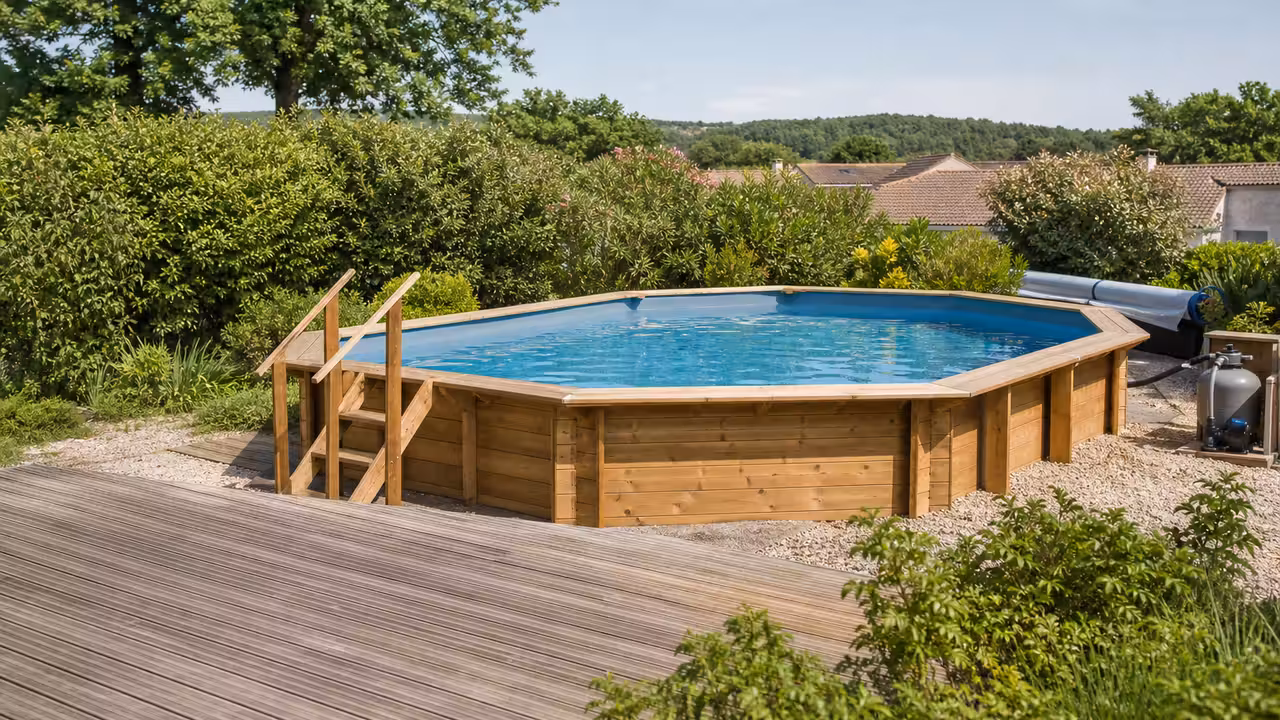 Piscine hors-sol en bois installée sur une terrasse de jardin, avec couverture et équipements de filtration
