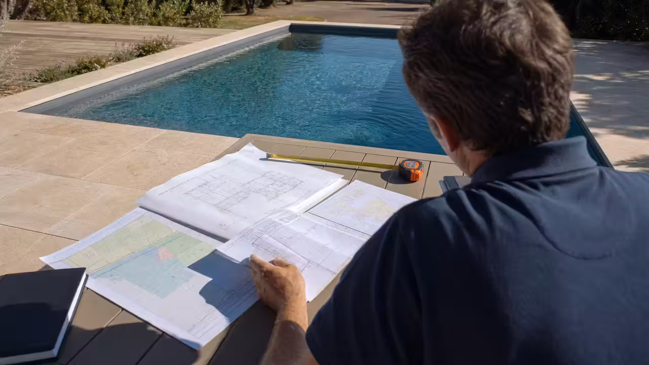 Propriétaire consultant les plans et documents fiscaux d’une piscine enterrée dans son jardin