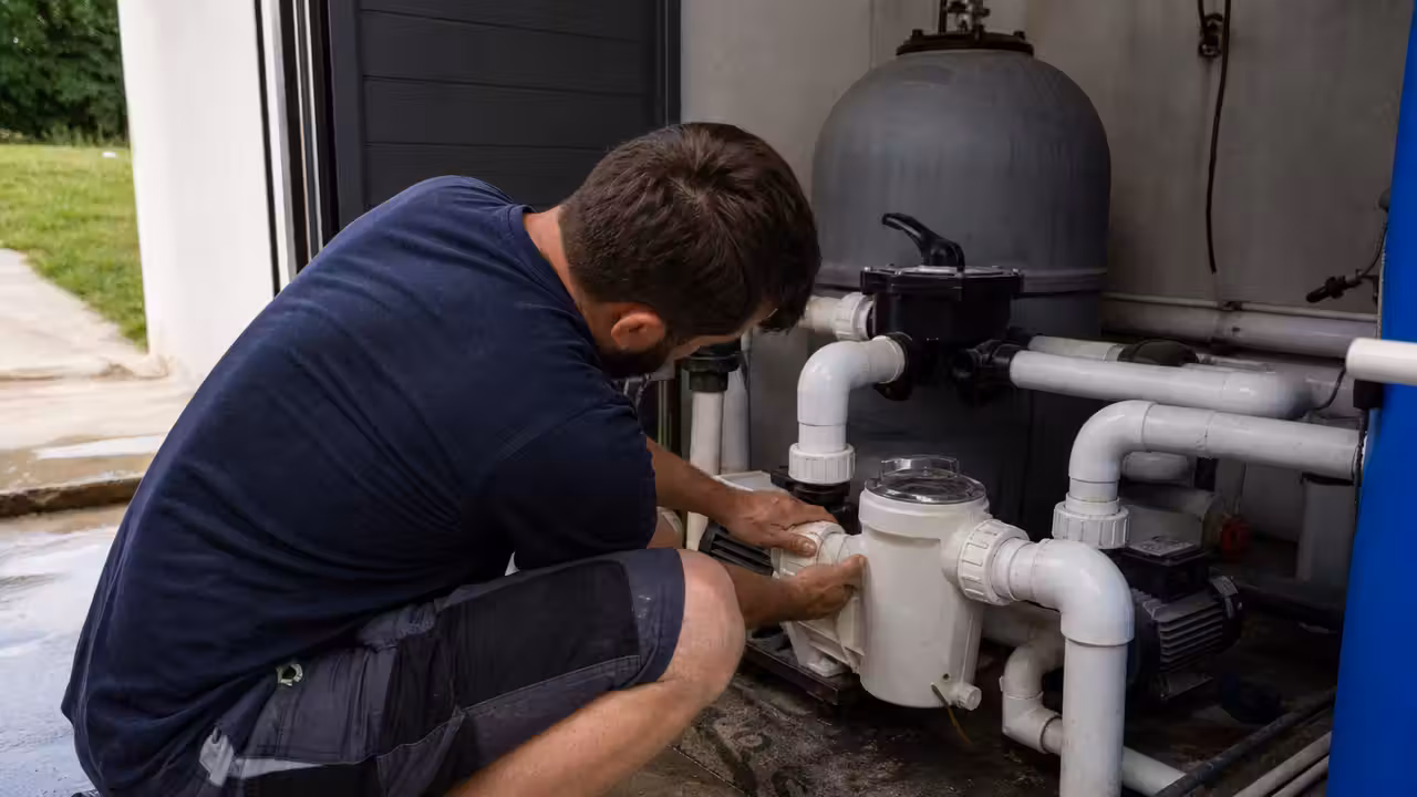 Technicien accroupi près du local technique d'une piscine, inspectant les raccords de la pompe de filtration