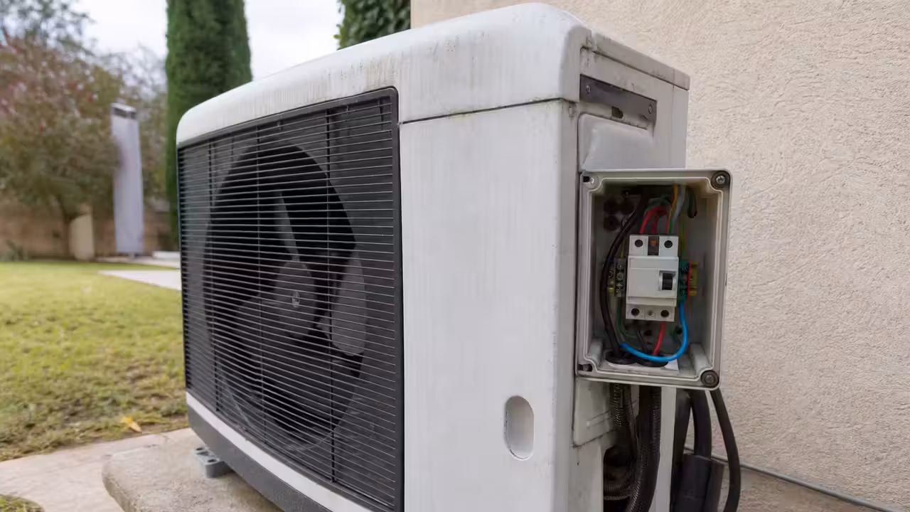 Pompe à chaleur de piscine installée en extérieur près d'un tableau électrique dédié, câblage visible