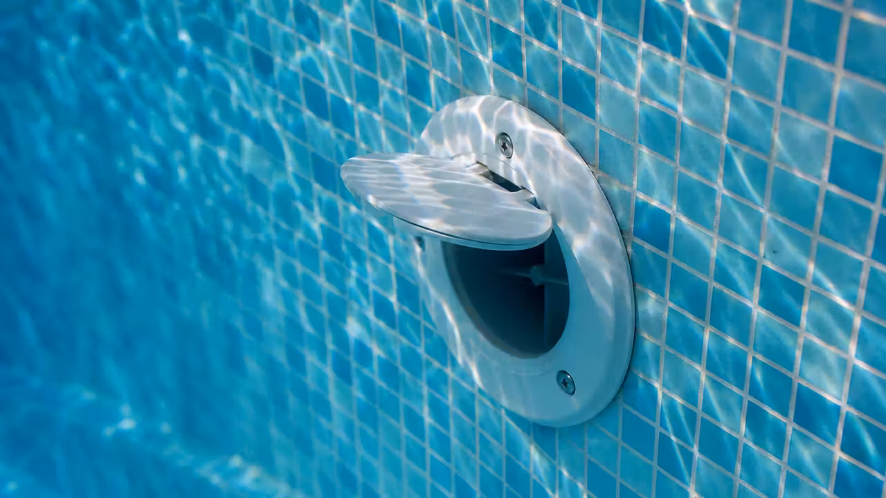 Prise balai de piscine visible sous la ligne d'eau sur une paroi carrelée, avec son cache légèrement entrouvert