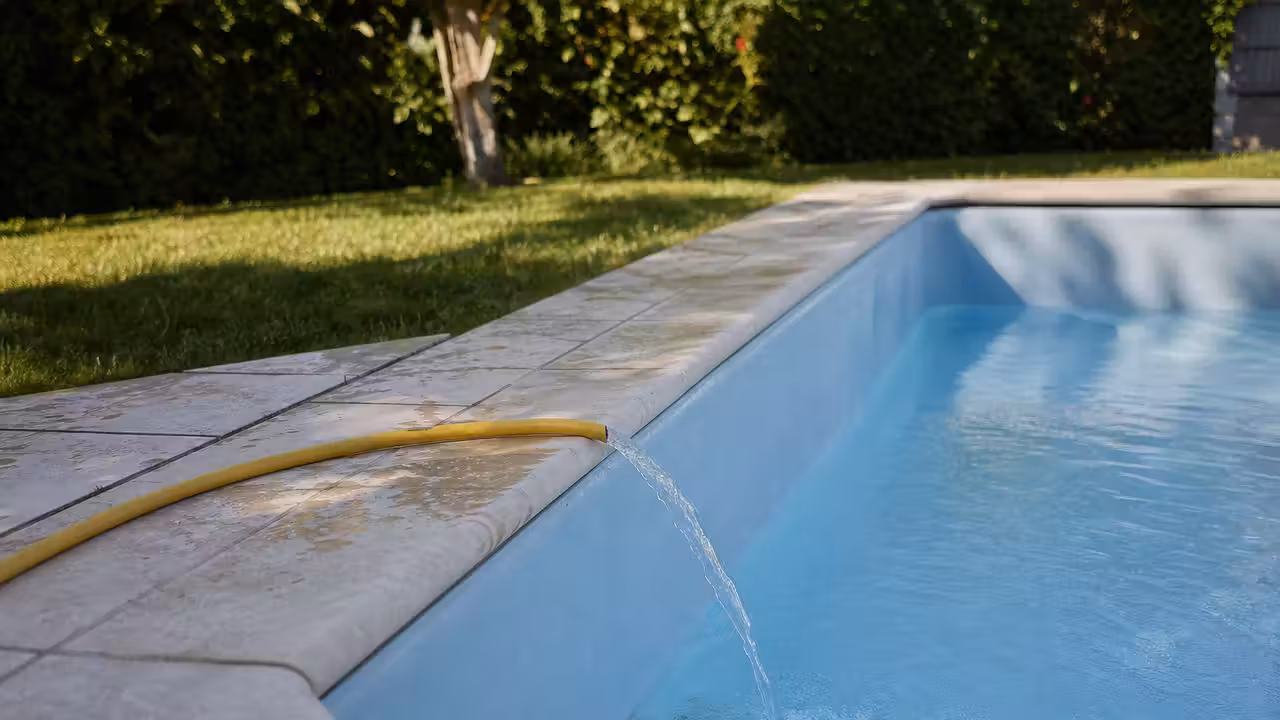 Tuyau d'arrosage posé sur la margelle d'une piscine enterrée en cours de remplissage, ligne d'eau à mi-hauteur