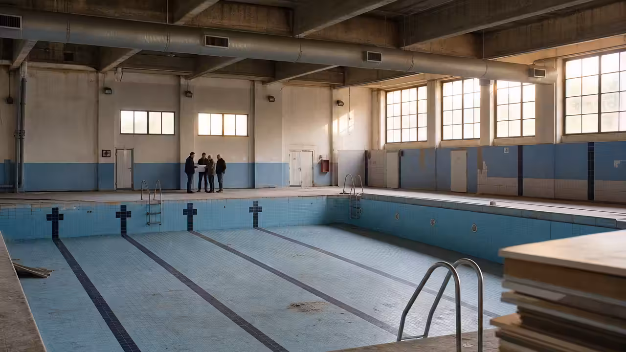 Ancienne piscine municipale fermée, avec bassin vide et gradins sous une lumière naturelle latérale