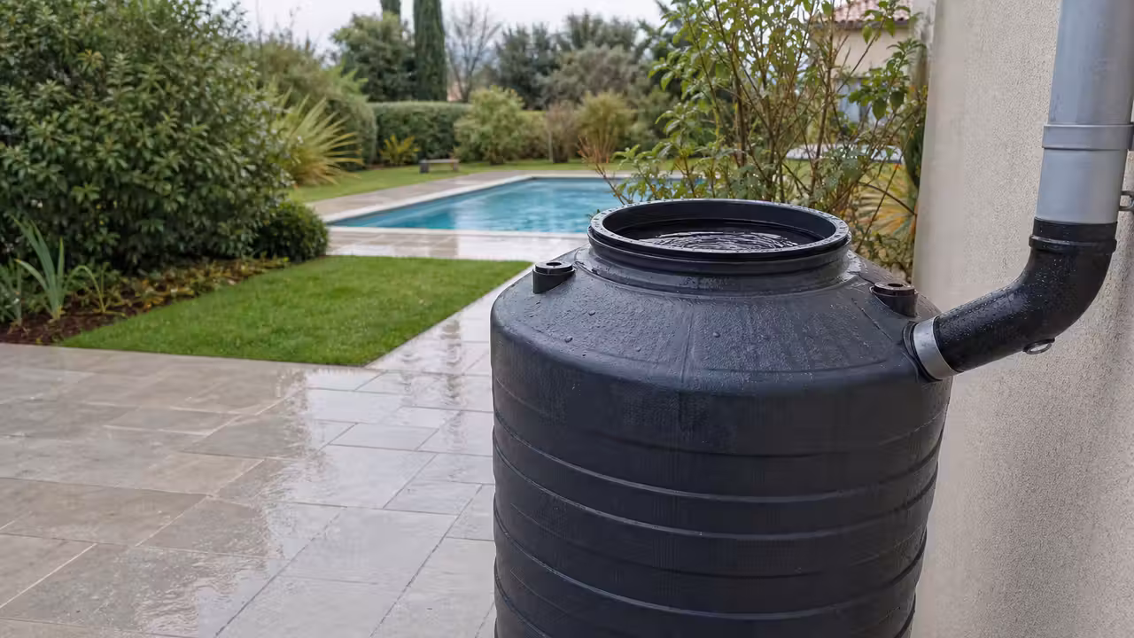 Cuve de récupération d'eau de pluie raccordée à une descente de gouttière, dans un jardin avec une piscine à l'arrière-plan