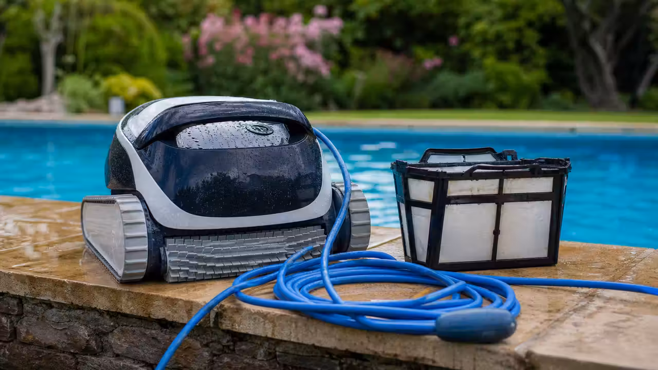 Robot électrique de piscine posé sur la margelle après un cycle, filtre visible, bassin bleu en arrière-plan