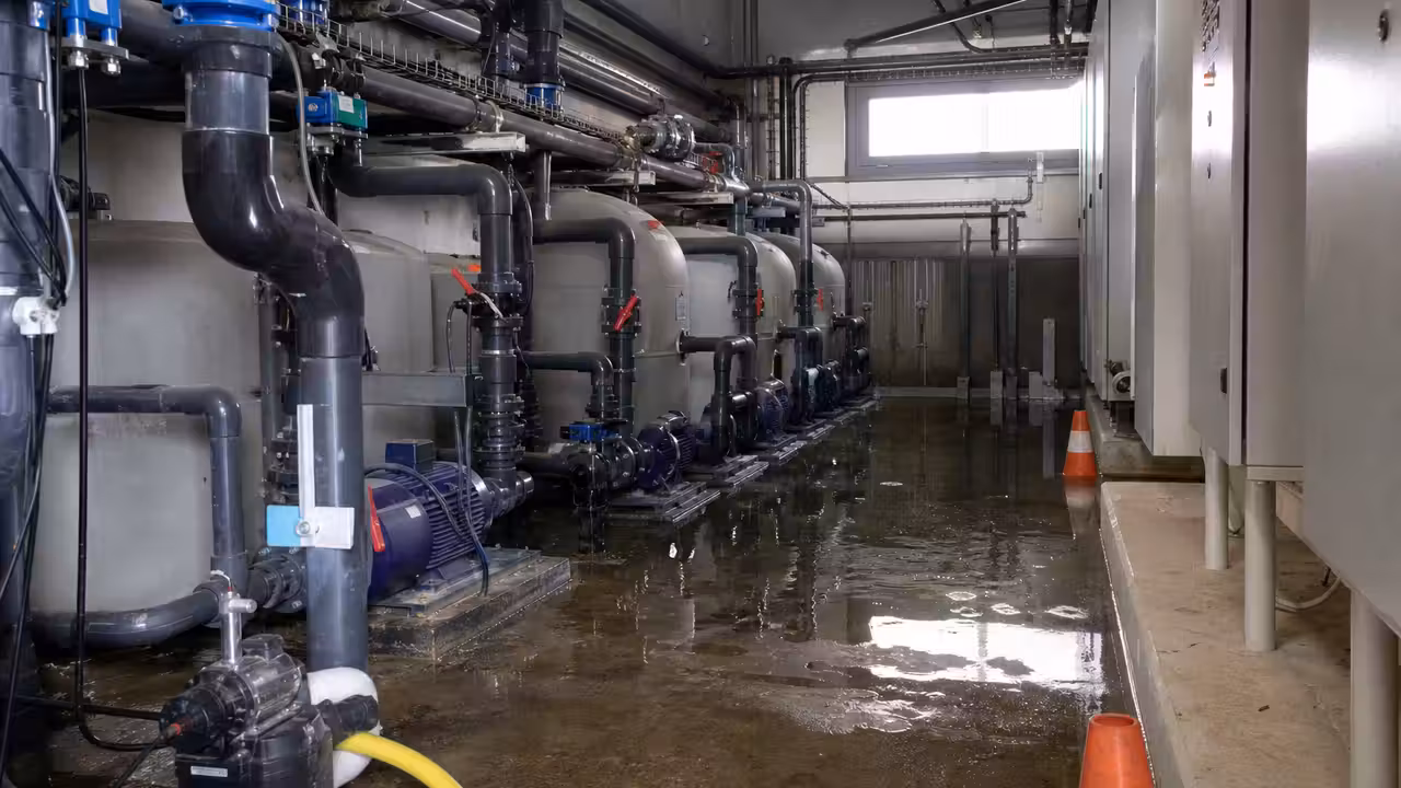 Local technique d’une piscine municipale après un dégât des eaux, avec pompes et armoires électriques isolées