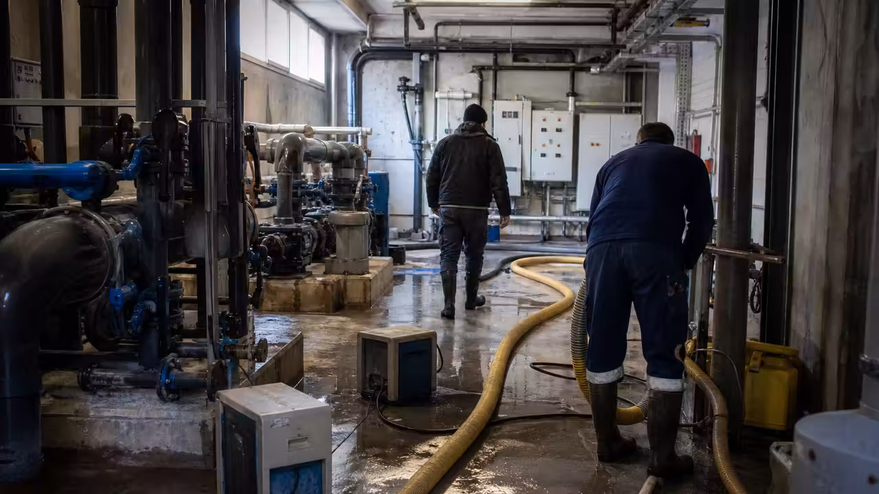 Local technique de piscine publique en cours d’assèchement après une infiltration d’eau, avec pompes et armoires isolées