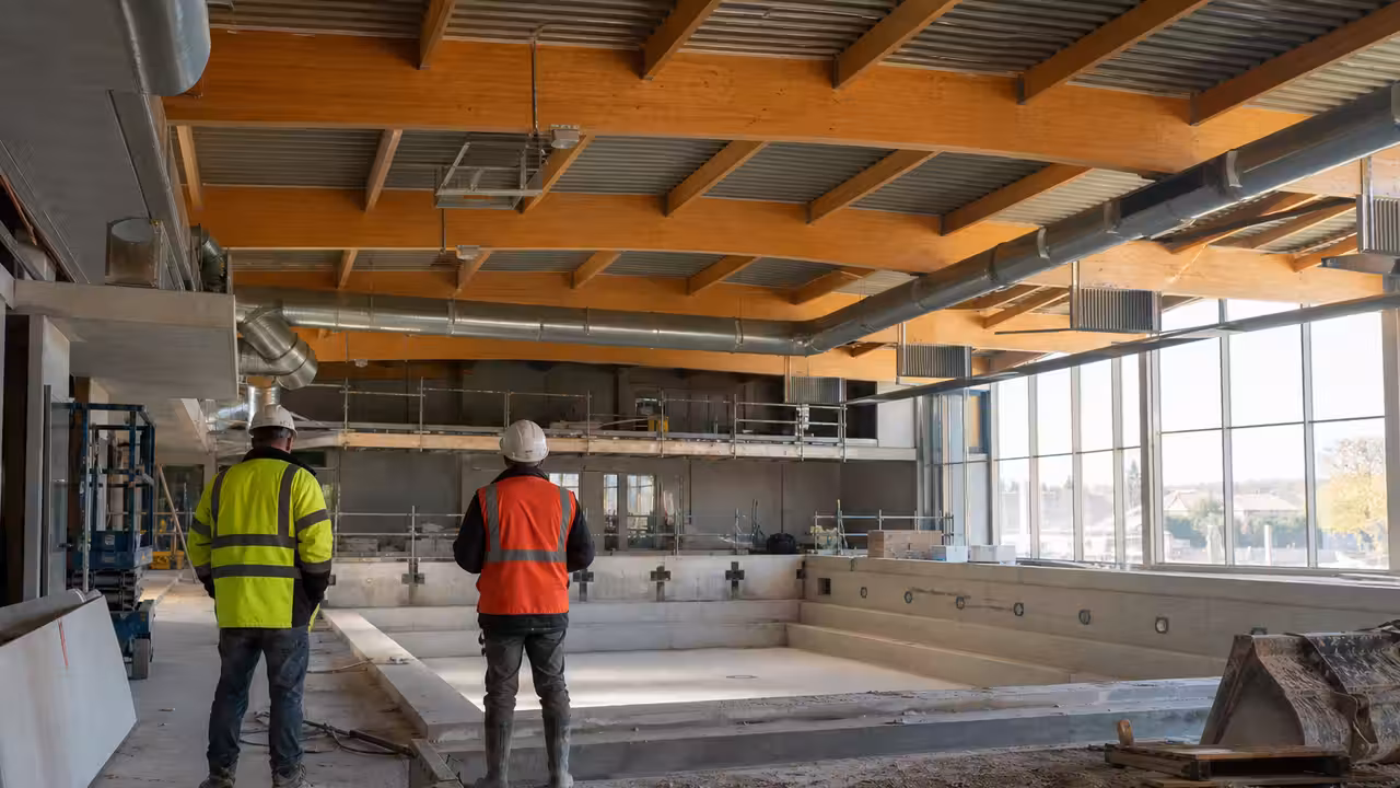 Chantier d’un centre aquatique moderne avec structure bois, baies vitrées et bassin sportif en construction