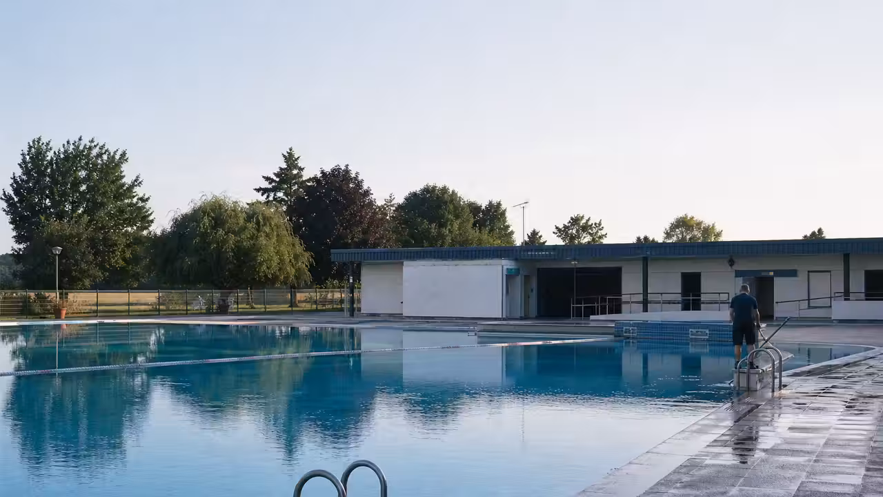 Bassin extérieur d’une piscine publique vide avant l’ouverture, avec plages et bâtiment technique en arrière-plan