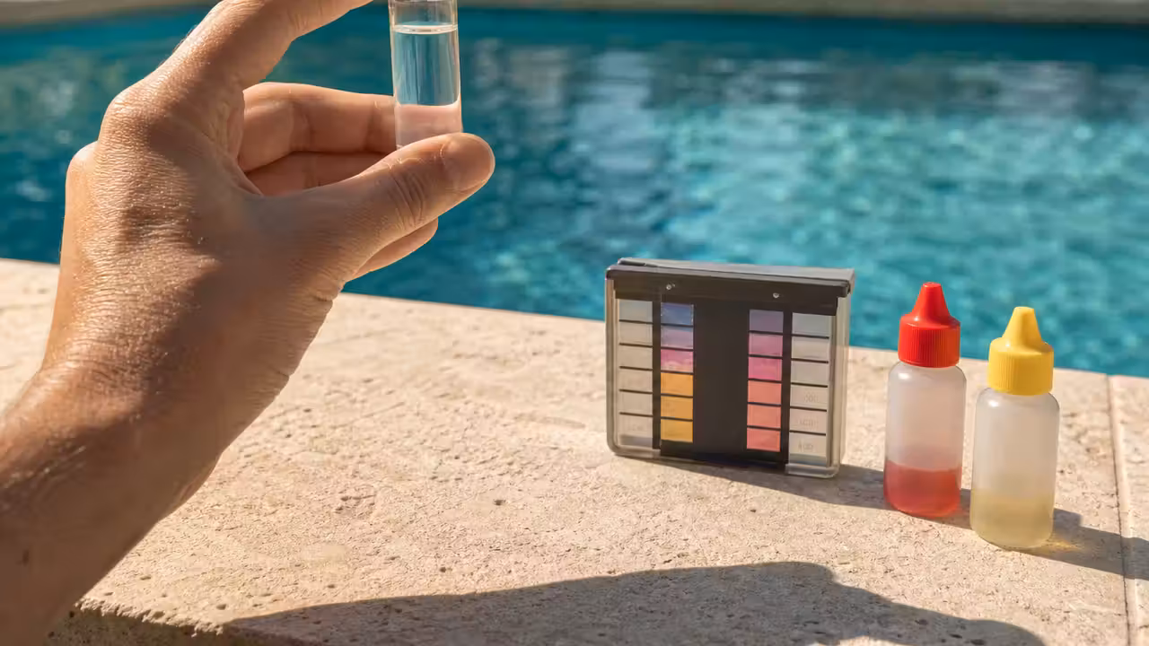 Main tenant un flacon d'analyse d'eau devant une piscine, comparateur colorimétrique et réactifs posés sur la margelle