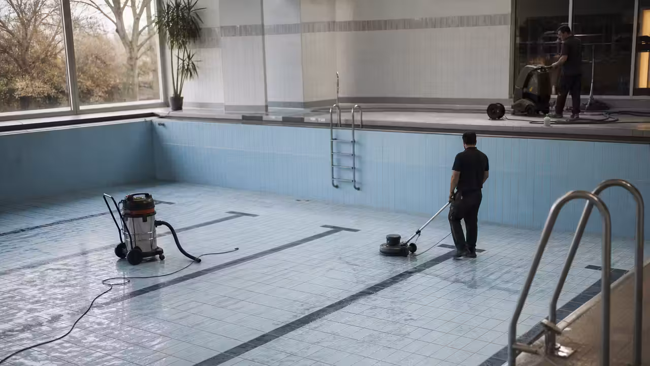 Bassin municipal vide pendant une vidange, avec lignes d’eau retirées et parois carrelées nettoyées