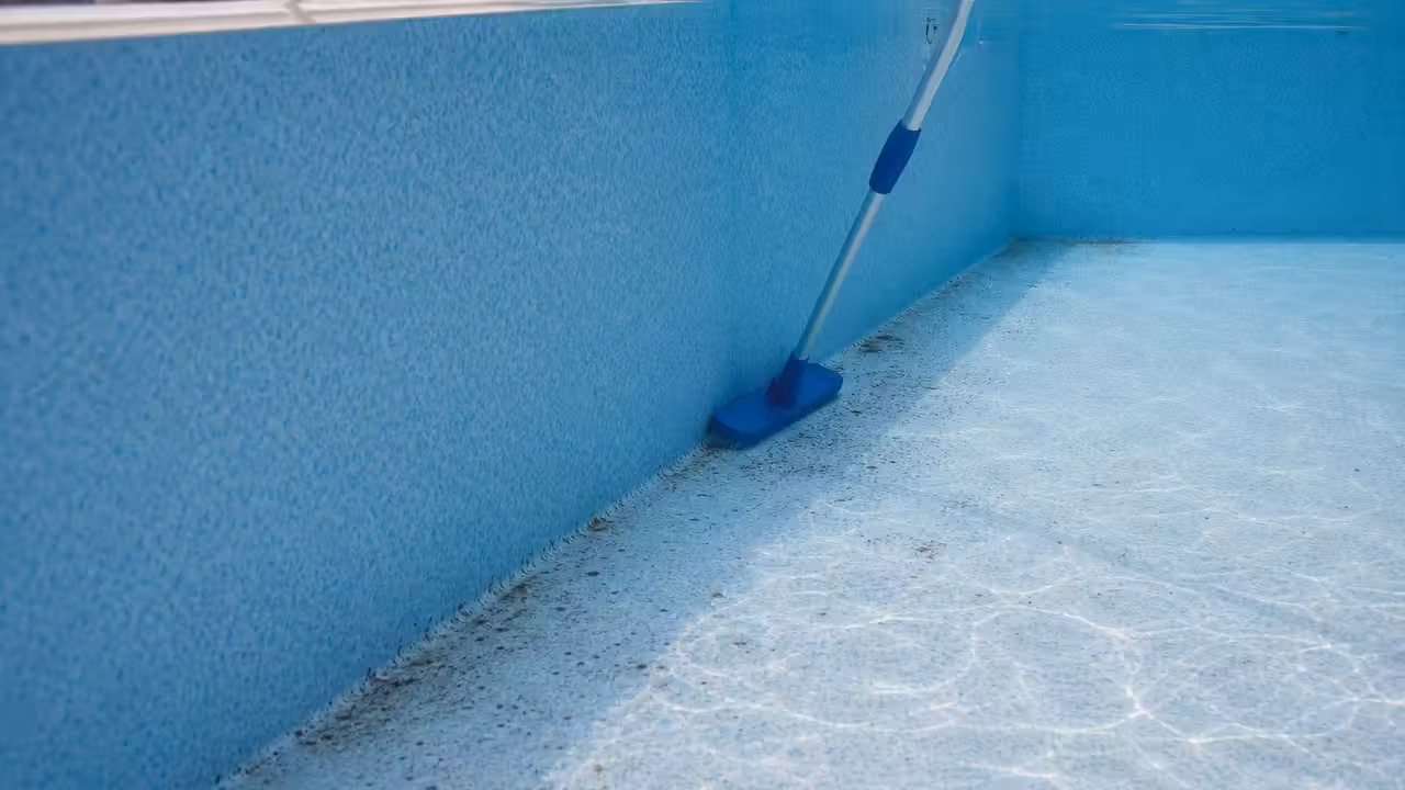 Fond d'une piscine sous l'eau claire marqué de petites taches sombres près d'un angle, brosse de nettoyage posée sur la paroi