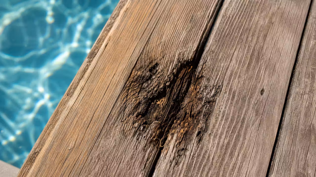 Lames de terrasse en bois au bord d'une piscine avec une zone de bois grisé et une planche visiblement dégradée