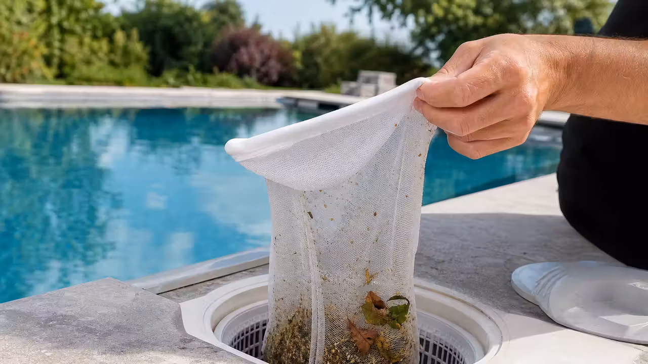 Panier de skimmer ouvert avec une chaussette filtrante en maille blanche retenant des feuilles et du pollen