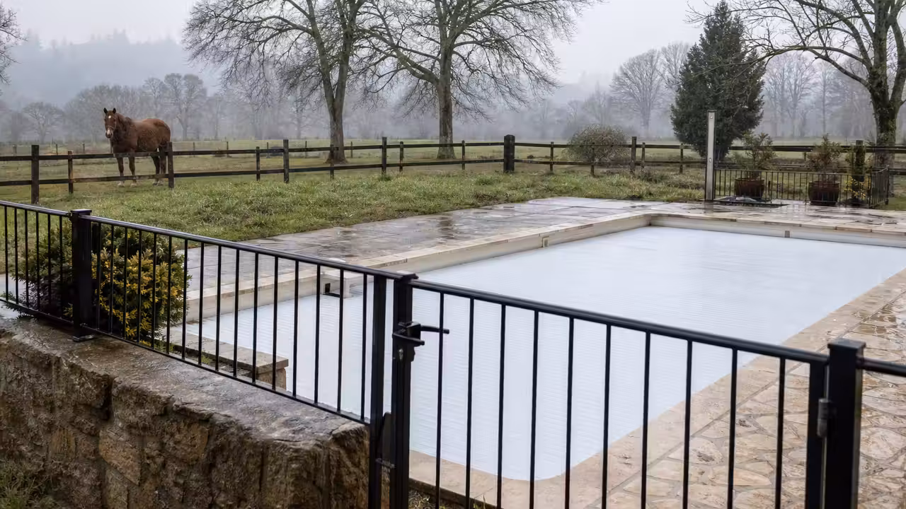 Cheval dans un pré clôturé près d’une piscine privée protégée par une barrière fermée en hiver