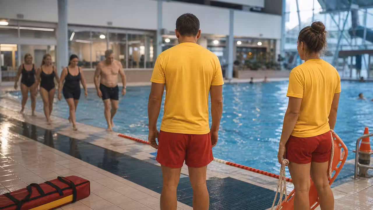 Maîtres-nageurs surveillant un bassin municipal pendant un exercice de sécurité aquatique encadré