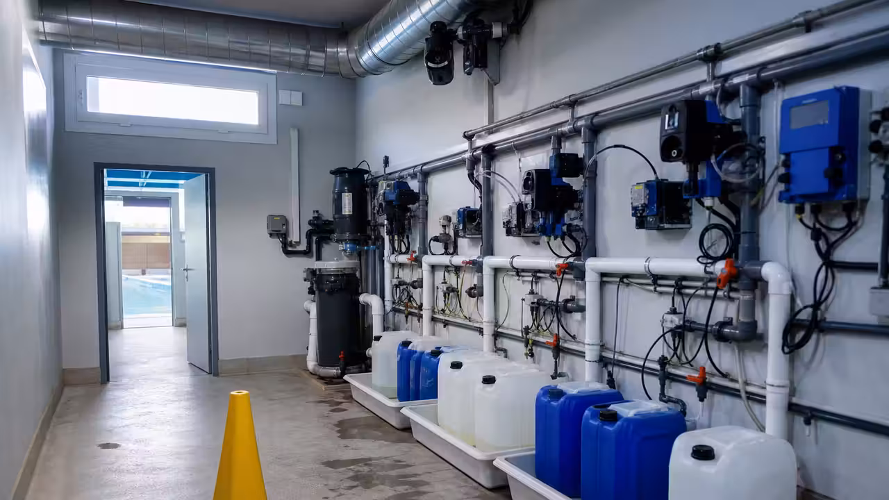 Local technique de piscine publique avec canalisations, pompes doseuses et bacs de rétention sécurisés