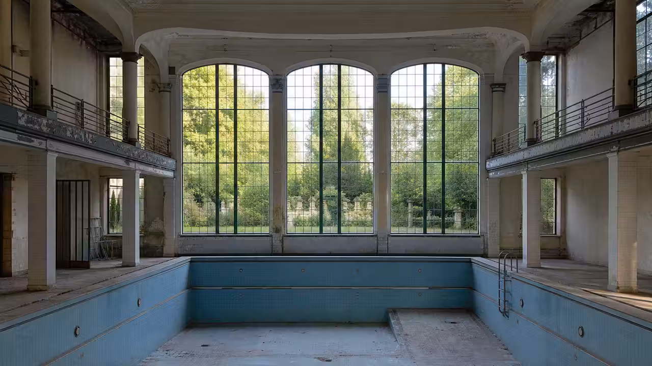 Ancien bassin vide d’une piscine des années 1930, éclairé par de grandes verrières et ouvert sur un jardin