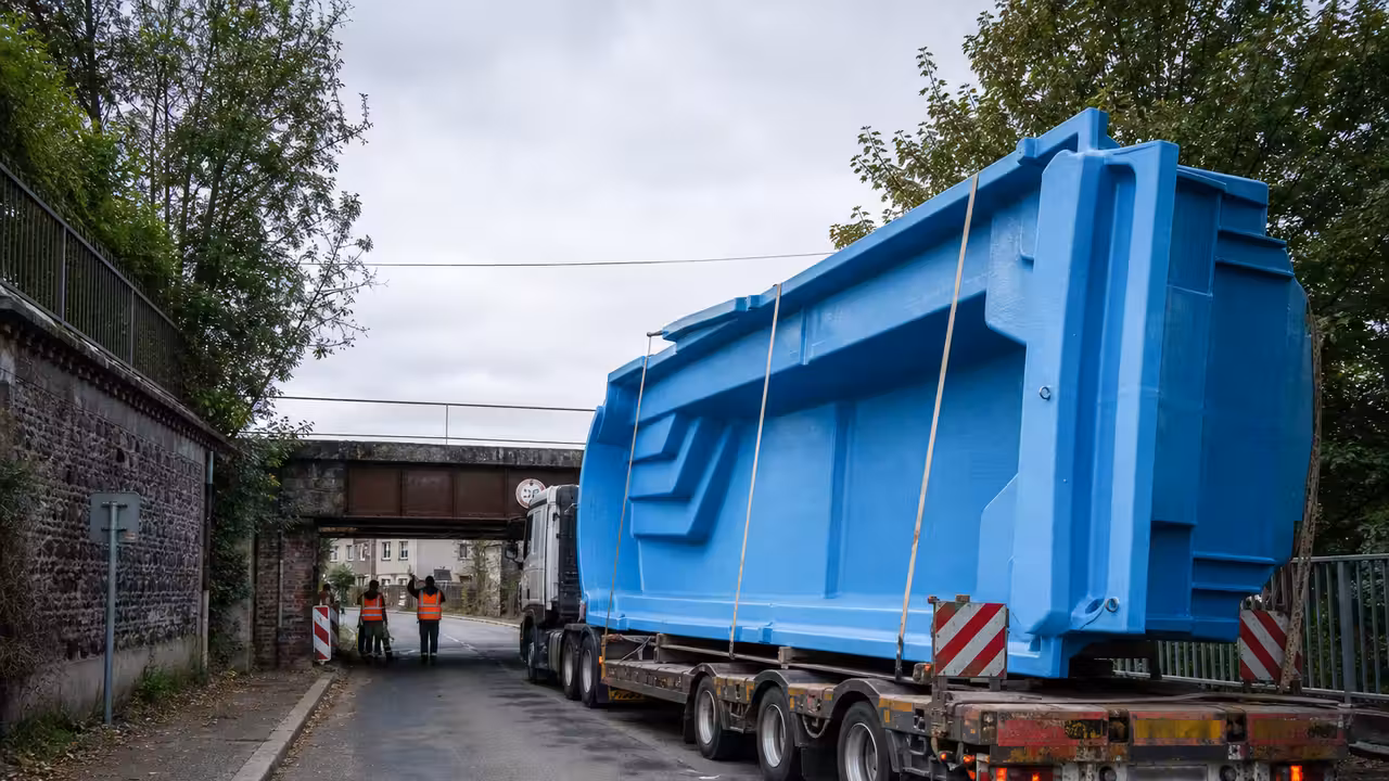 Convoi transportant une coque de piscine bleue près d’un passage sous pont, avec route dégagée.