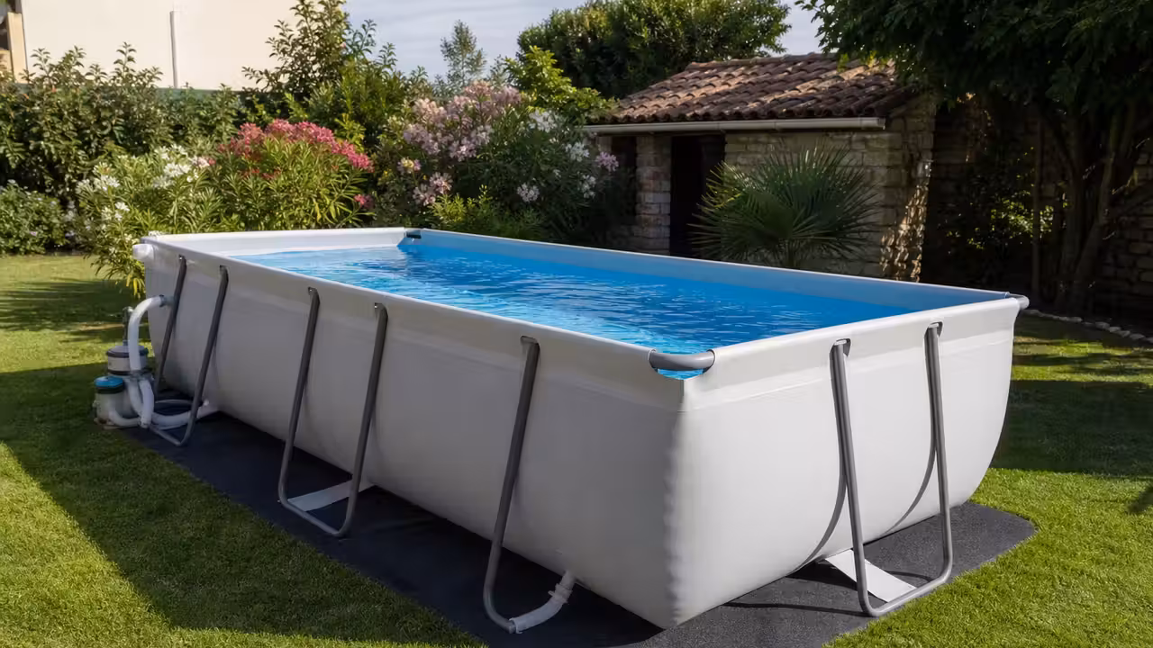 Grande piscine hors-sol tubulaire installée sur un jardin nivelé, avec filtration et espace de circulation
