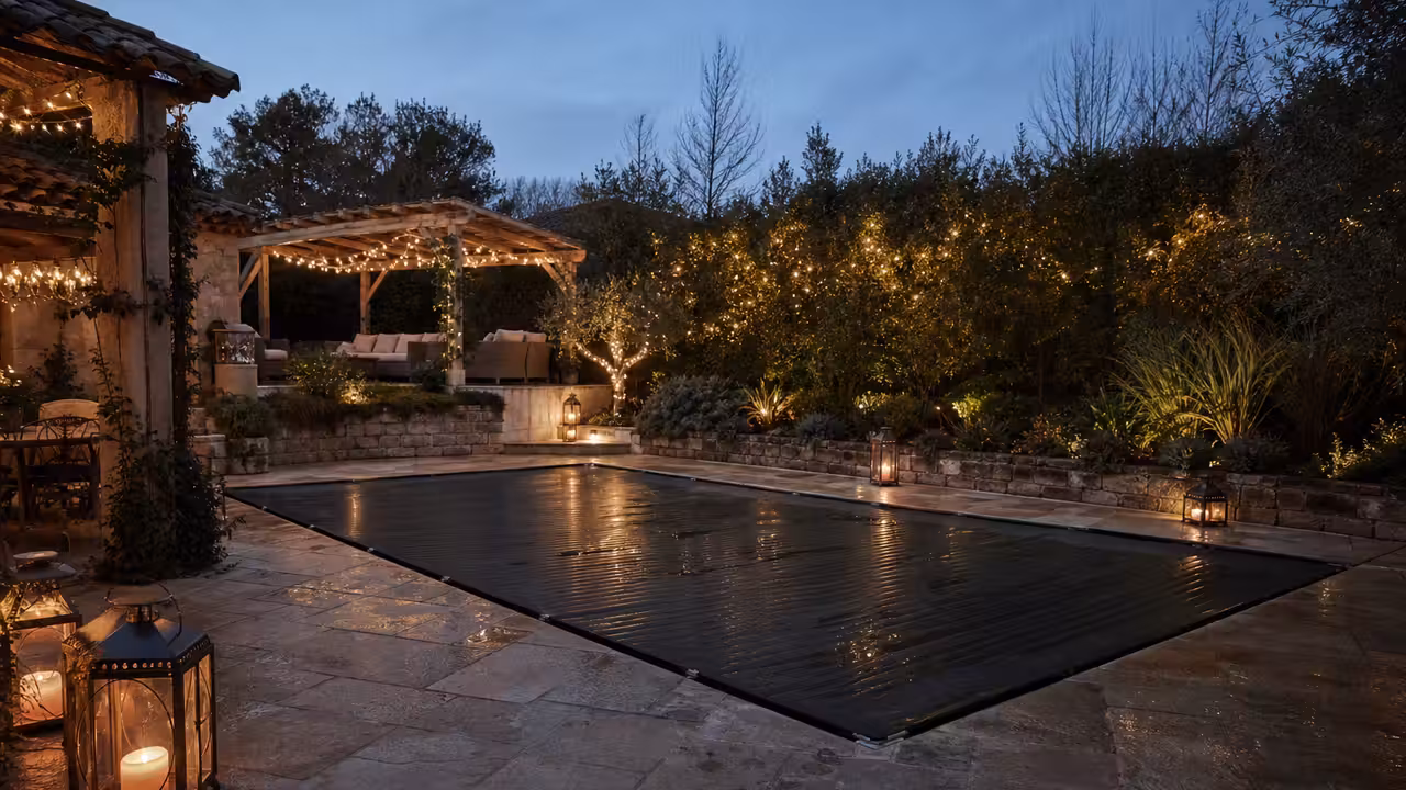 Piscine couverte illuminée par des guirlandes chaudes et des lanternes sur une terrasse hivernale