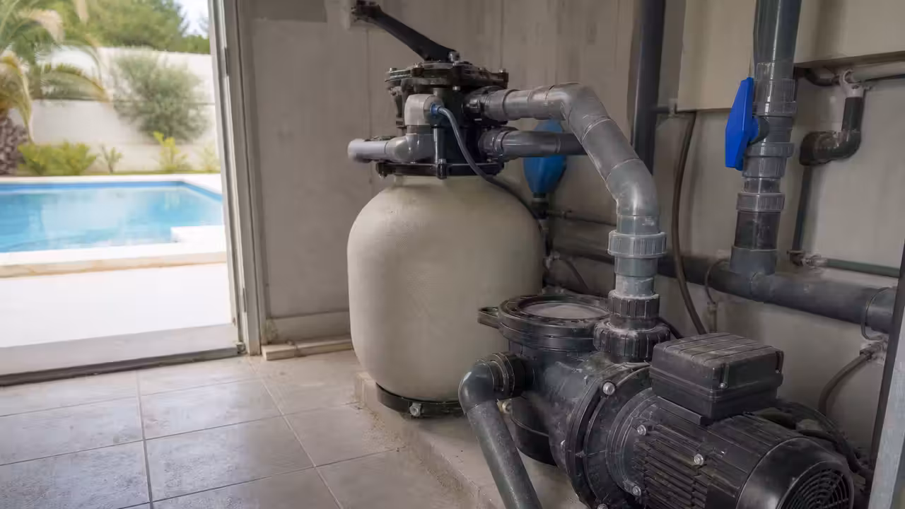Pompe de filtration et filtre installés dans un local technique propre au bord d’une piscine privée.