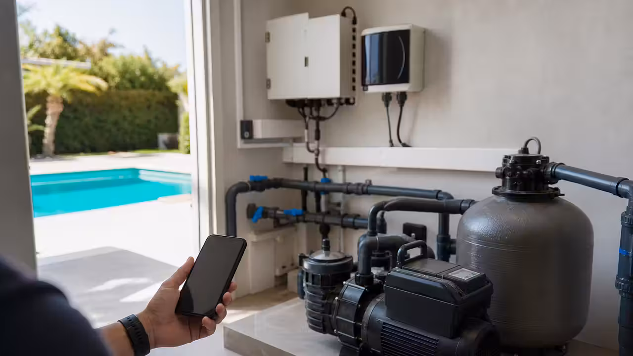 Local technique de piscine moderne avec pompe, filtre, coffret de commande et smartphone de pilotage à proximité